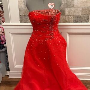 Strapless Red Beaded Prom Gown